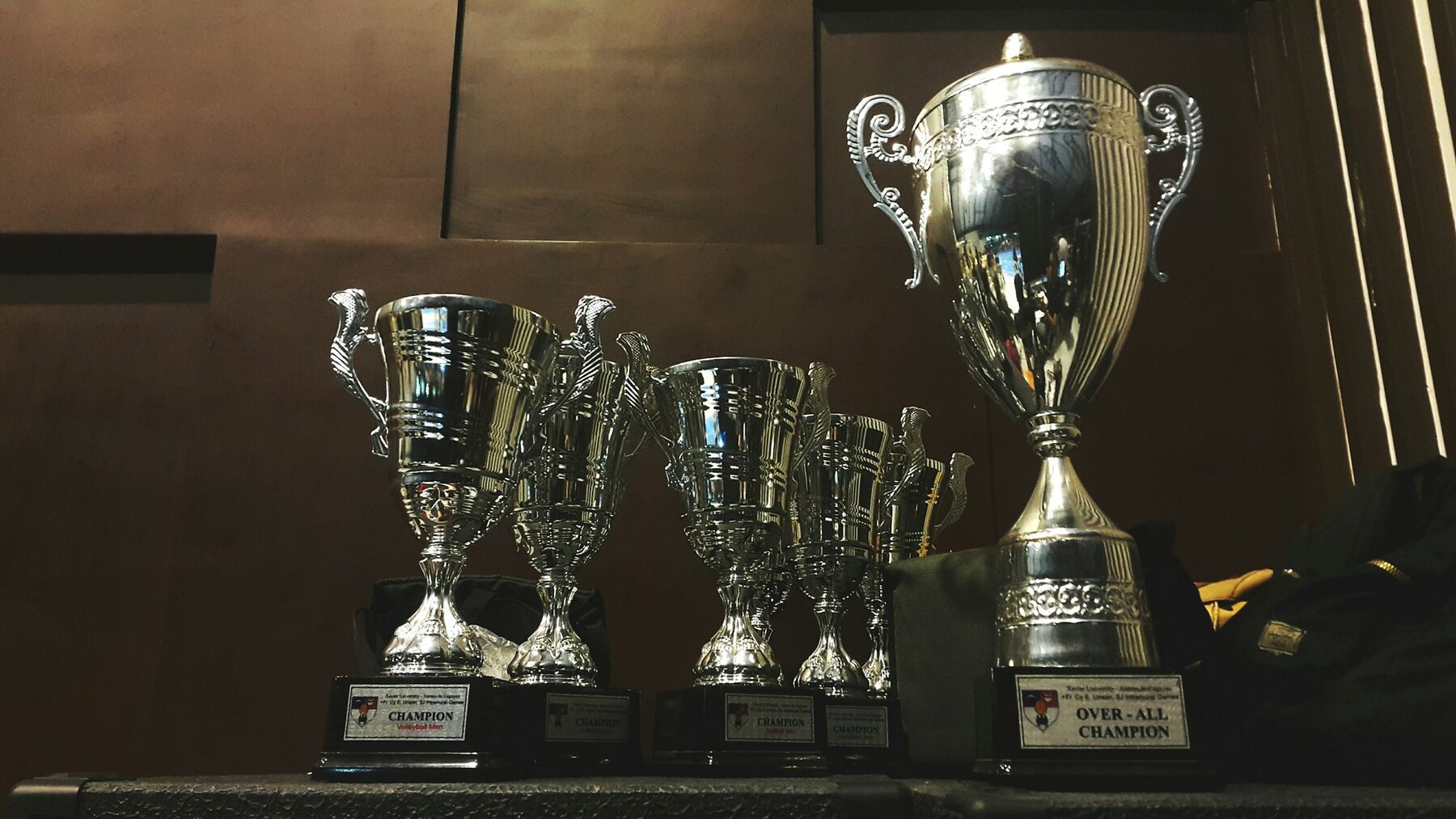 Silver and gold presentation cups on a dark timber surface