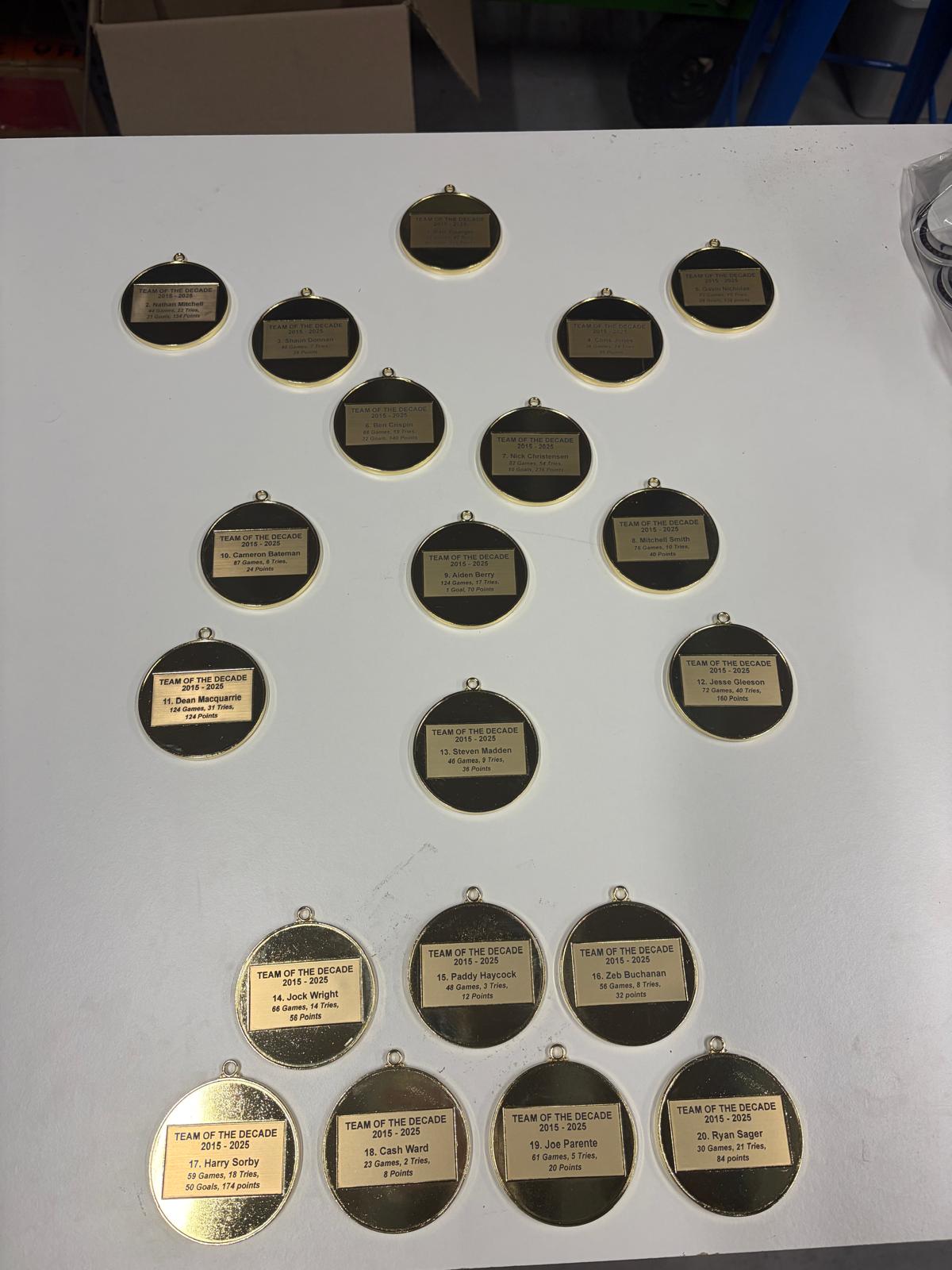 Kotara Bears Team of the Decade medals laid out in a team formation